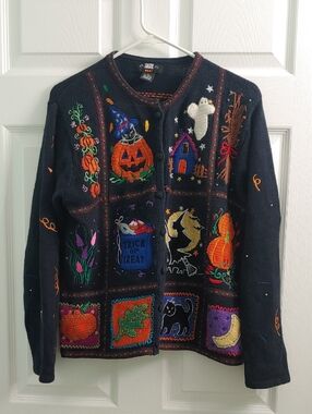 Vintage Halloween Cardigan Black Chunky Knit Granny Sweater Size M